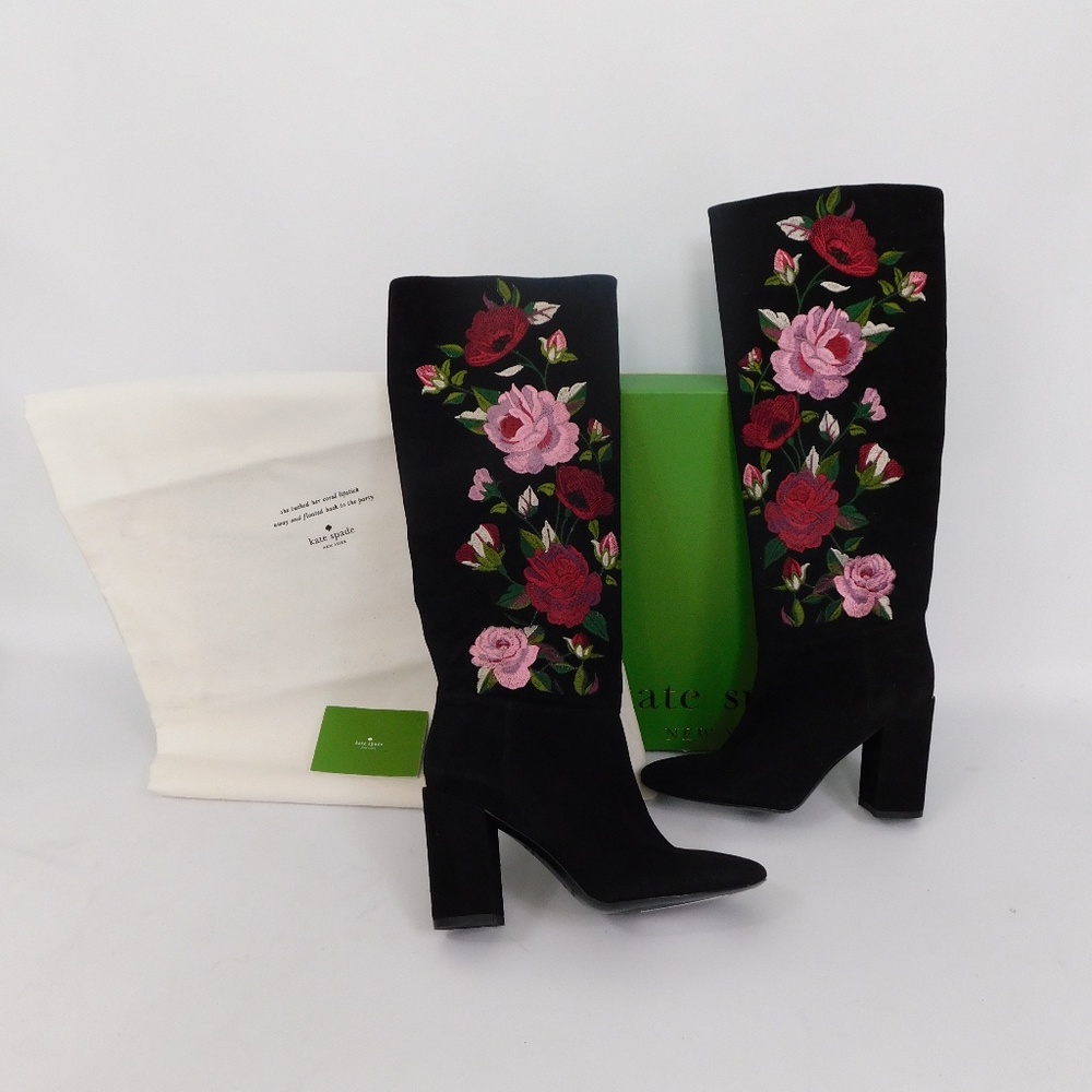 Kate Spade Black Ankle Boots with Floral Embroidery